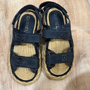 Chanel Black Mesh and Patent Velcro Sandals